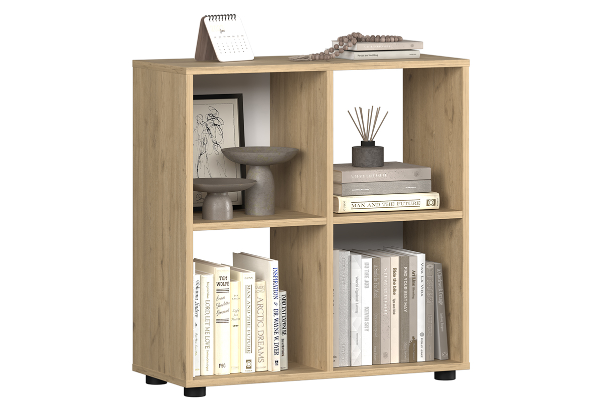 Απεικονίζεται η βιβλιοθήκη γεμάτη με κουτιά αποθήκευσης, βιβλία και διακοσμητικά.